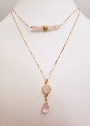 Delicate Pendant Necklace Features a Faceted Bezel Set Rose Quartz With a Faceted Tear Drop on a Fine Gold-Filled Chain.
