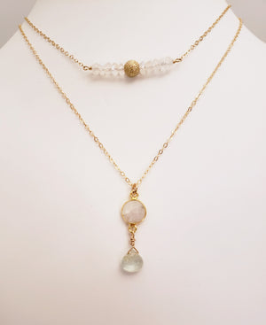 Delicate Pendant Necklace Features a Faceted Bezel Set Moonstone With a Faceted Tear Drop on a Fine Gold-Filled Chain.