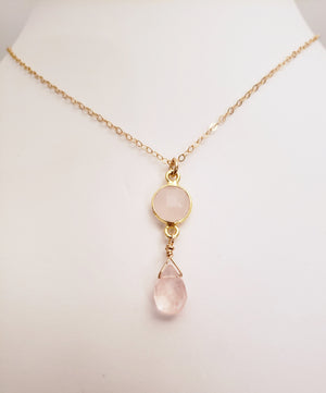 Delicate Pendant Necklace Features a Faceted Bezel Set Rose Quartz With a Faceted Tear Drop on a Fine Gold-Filled Chain.