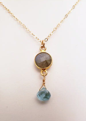 Delicate Pendant Necklace Features a Faceted Bezel Set Labradorite With a Faceted Tear Drop on a Fine Gold-Filled Chain.