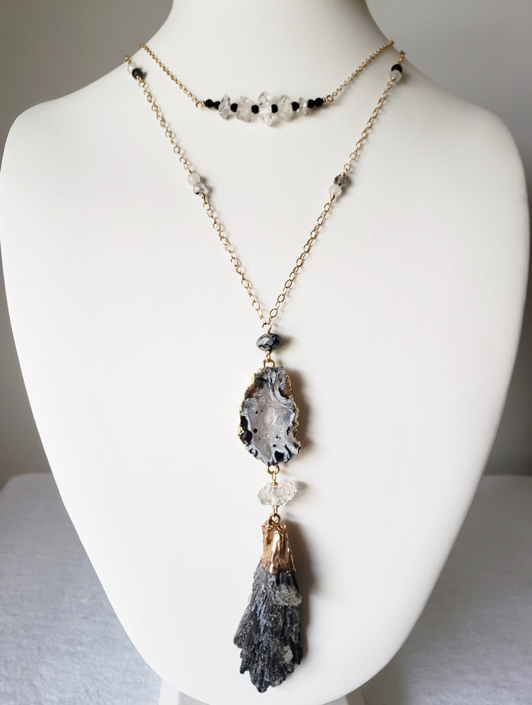 Agate Geode Pendant Necklace With Herkimer Diamond and Black Kyanite Pendant For Protection, Spiritual Consciousness and Power.
