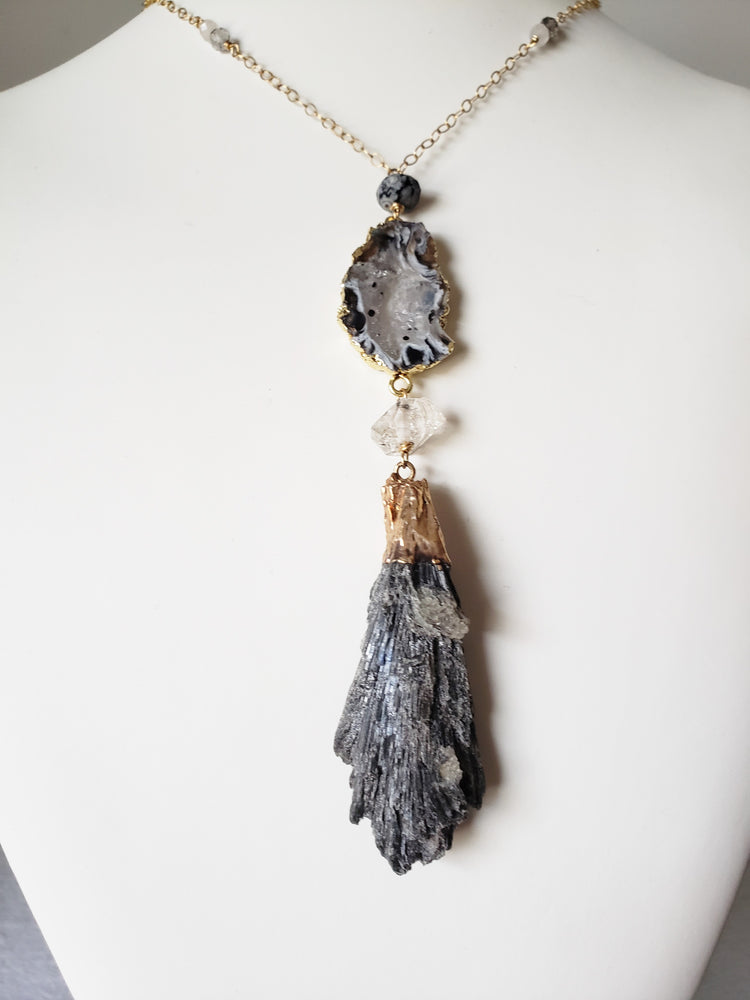 Agate Geode Pendant Necklace With Herkimer Diamond and Black Kyanite Pendant For Protection, Spiritual Consciousness and Power.