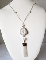 Agate, Herkimer Diamond and Selenite Form a Unique Pendant On a Moonstone and Sterling Silver Chain Promotes Spiritual Growth.