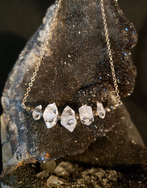 Five Herkimer Diamonds Bar Necklace With Pyrite on a Delicate Sterling Silver Chain Raises Spiritual Consciousness.