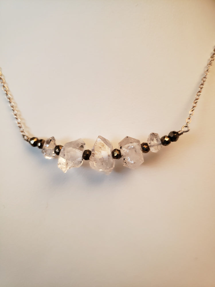 Five Herkimer Diamonds Bar Necklace With Pyrite on a Delicate Sterling Silver Chain Raises Spiritual Consciousness.