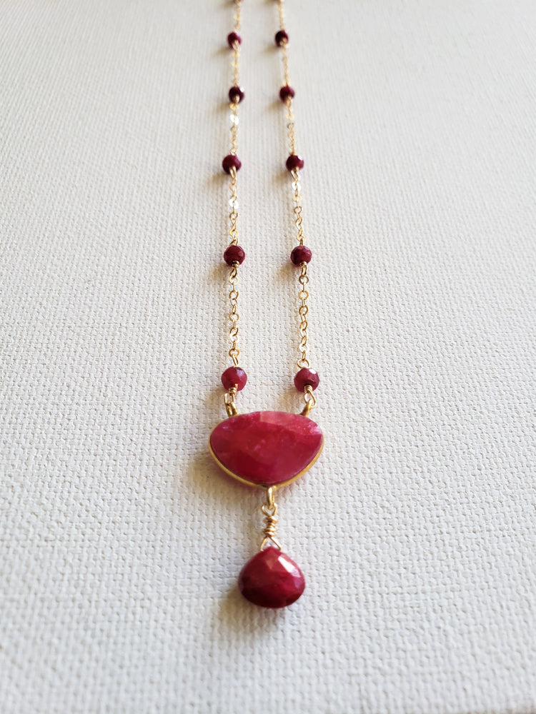 Faceted Ruby Beaded Gold Filled Necklace With a Bezel Set Ruby Oval and Tear Drop.