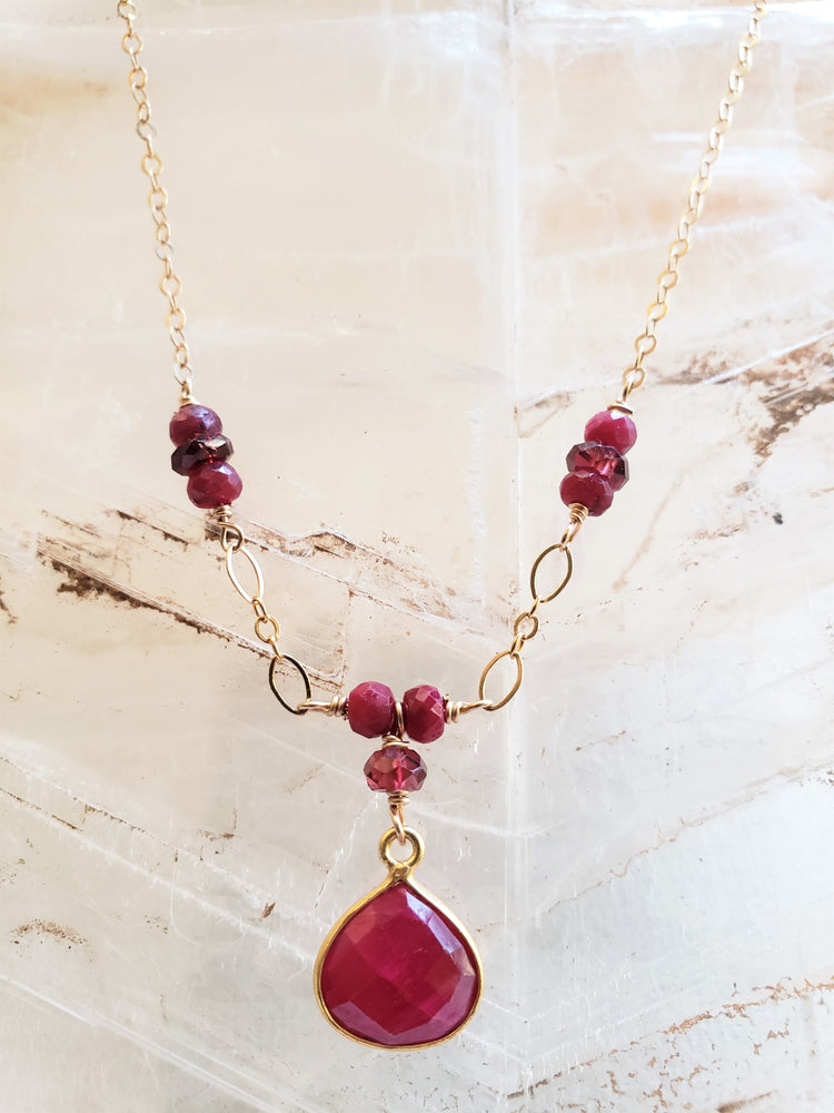 Faceted Ruby Tear Drop With Faceted Garnet Gemstone Necklace on Gold-Filled Chain.