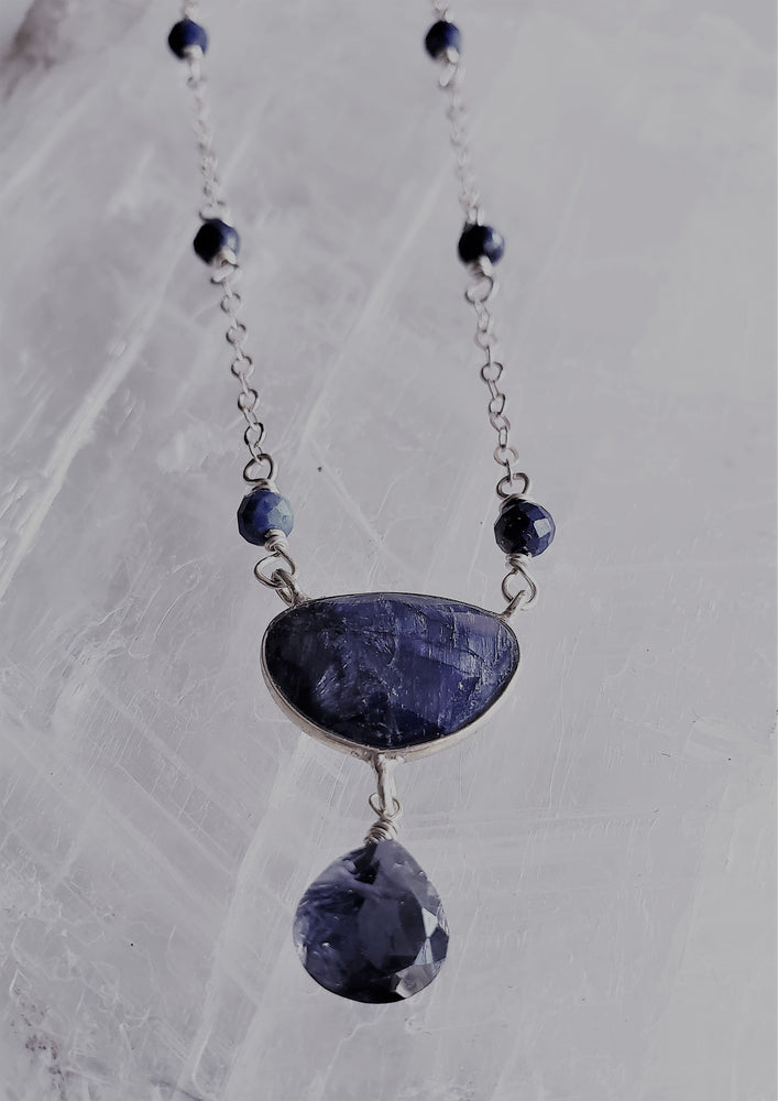 Faceted Lapis Lazuli Pendant Tear Drop Necklace on Sterling Silver Chain Features Faceted Lapis Beads
