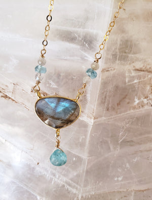 Iridescent Labradorite and Apatite Gold Filled Necklace With a Bezel Set Labradorite Oval and Apatite Tear Drop.