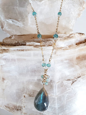 Iridescent  Labradorite and Apatite Gold Filled Necklace With a Cluster of Stones Surrounding a Beautiful Tear Drop.