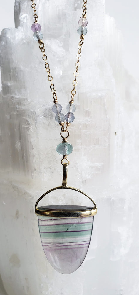 Fluorite Multi Colored Pendant With an Assorted Mix of Faceted Gemstones on Gold Filled Chain.