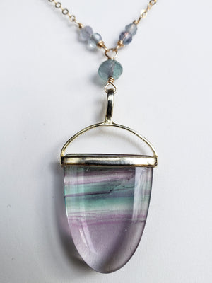 Fluorite Multi Colored Pendant With an Assorted Mix of Faceted Gemstones on Gold Filled Chain.