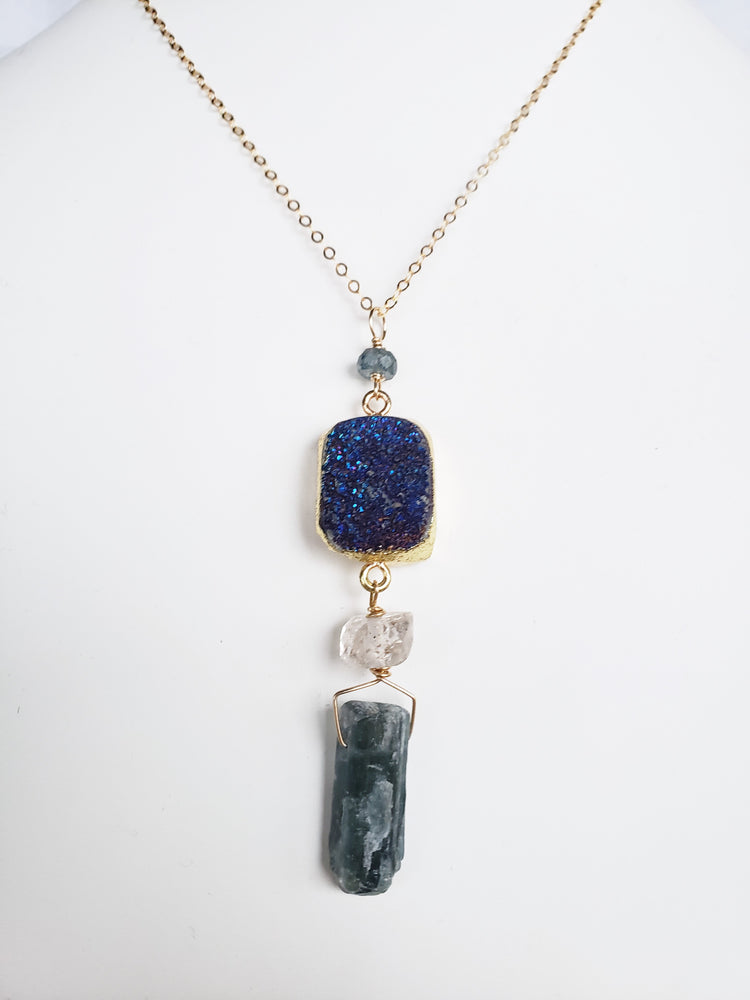 Kyanite, Herkimer Diamond And Iridescent Druzy Come Together To Form A Beautiful Pendant Necklace On 14Kt. Gold-filled Chain That Assists In Your Spiritual Growth..