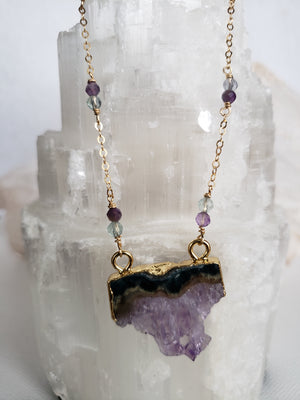 Small Raw Amethyst Slice Pendant with Faceted Amethyst Gemstones Wire Wrapped on Gold-Filled Chain Raises Spiritual Consciousness.