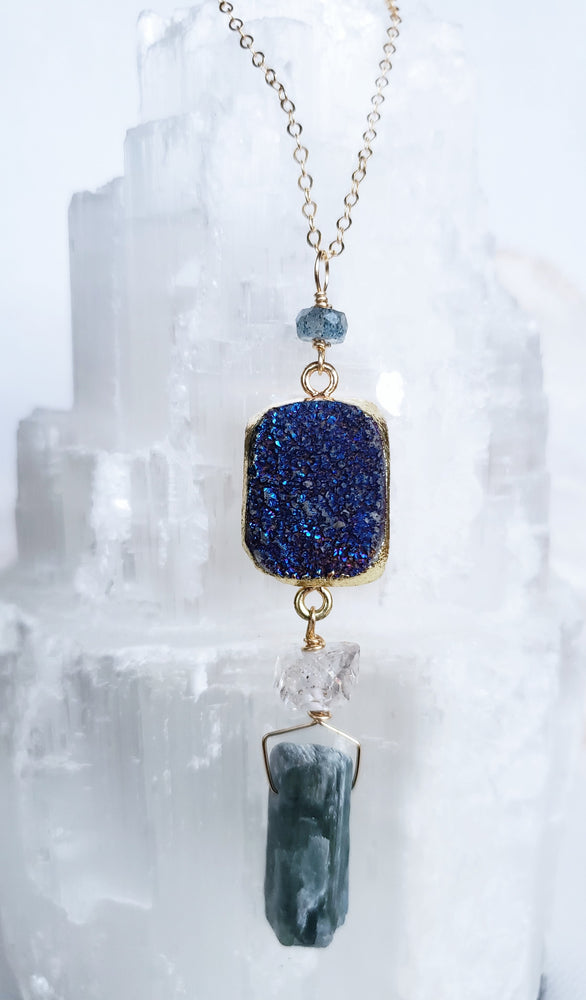 Kyanite, Herkimer Diamond And Iridescent Druzy Come Together To Form A Beautiful Pendant Necklace On 14Kt. Gold-filled Chain That Assists In Your Spiritual Growth..