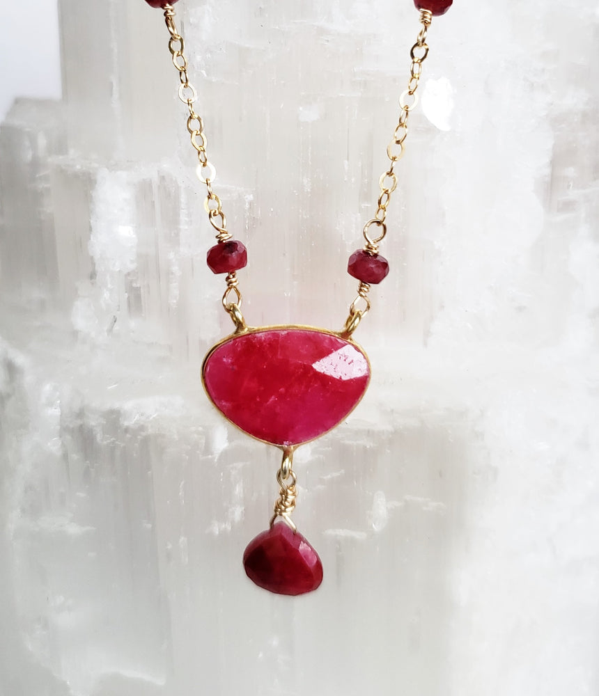 Faceted Ruby Beaded Gold Filled Necklace With a Bezel Set Ruby Oval and Tear Drop.