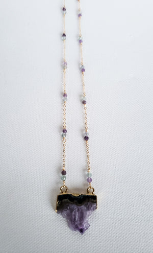 Small Raw Amethyst Slice Pendant with Faceted Amethyst Gemstones Wire Wrapped on Gold-Filled Chain Raises Spiritual Consciousness.