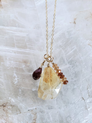 Faceted Citrine Charm Style Necklace With Hessonite Garnet on Gold Filled Chain Lifts Your Spirit and Brings Abundance.