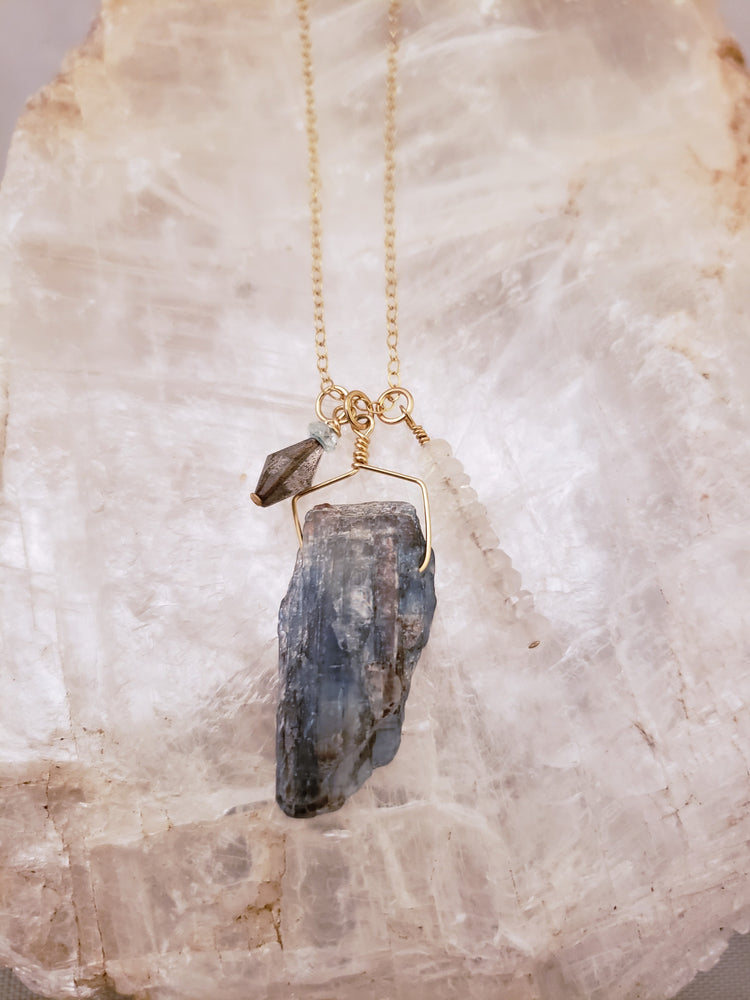 Kyanite, Moonstone and Aquamarine Trio of Stones Form a Charm Style Necklace on Gold Filled Chain Supports Spiritual Ascension.