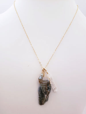 Kyanite, Moonstone and Aquamarine Trio of Stones Form a Charm Style Necklace on Gold Filled Chain Supports Spiritual Ascension.