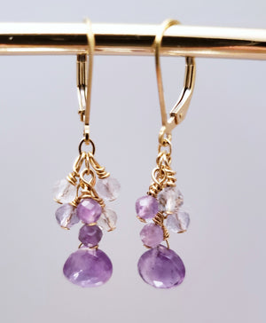 Fluorite and Amethyst Faceted Cluster With Tear Drop On Gold-Filled Lever Back Earrings.