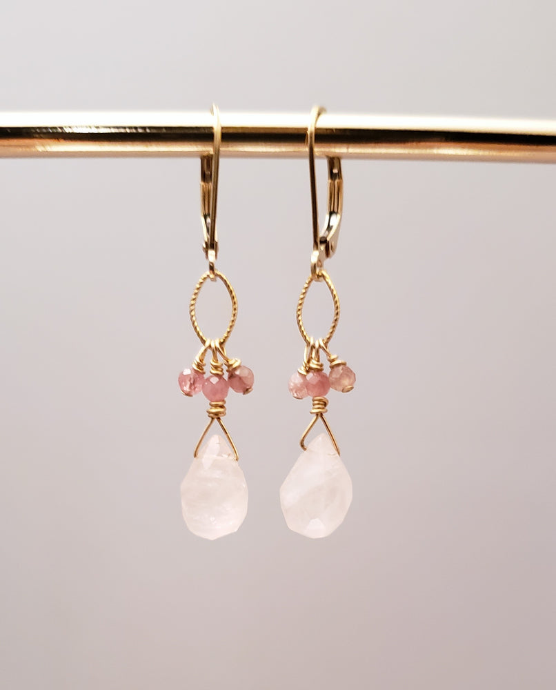 Rose Quartz and Pink Tourmaline Cluster With Tear Drop Earring on Gold Filled Lever Back.