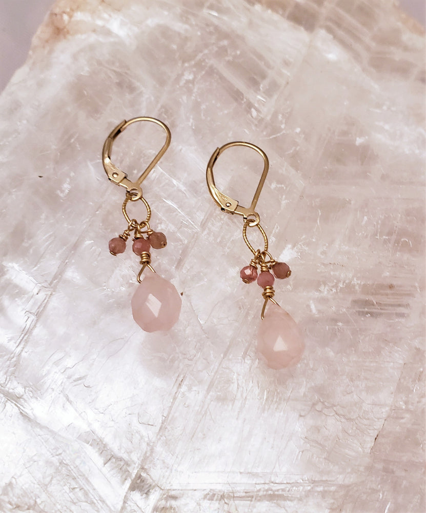 Rose Quartz and Pink Tourmaline Cluster With Tear Drop Earring on Gold Filled Lever Back.