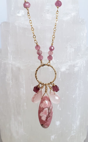Rose Quartz, Pink Tourmaline and Rhodochrosite Charm Drop Necklace is Mixed With Faceted Pink Tourmaline and Rose Quartz Stones on 14Kt. Gold Filled Chain