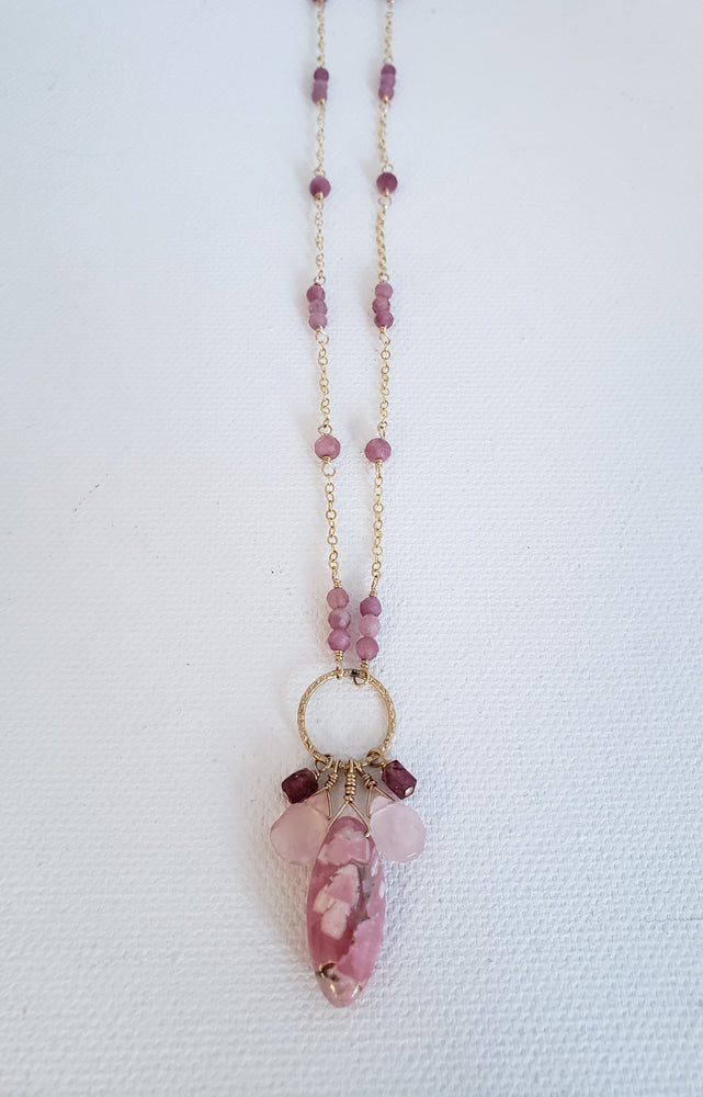 Rose Quartz, Pink Tourmaline and Rhodochrosite Charm Drop Necklace is Mixed With Faceted Pink Tourmaline and Rose Quartz Stones on 14Kt. Gold Filled Chain