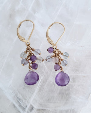 Fluorite and Amethyst Faceted Cluster With Tear Drop On Gold-Filled Lever Back Earrings.