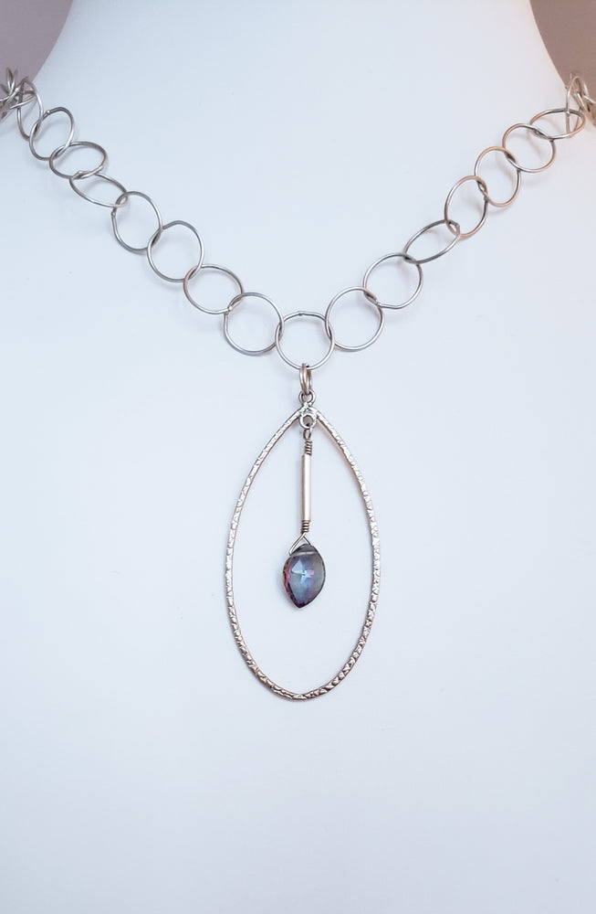 Brushed Oval Pendant Necklace with Iridescent Mystic Topaz Drop on Sterling Silver Chain.
