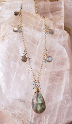 Iridescent Labradorite Tear Drops and Faceted Apatite Gemstones Gold-Filled Necklace.