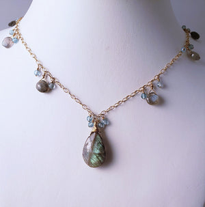 Iridescent Labradorite Tear Drops and Faceted Apatite Gemstones Gold-Filled Necklace.