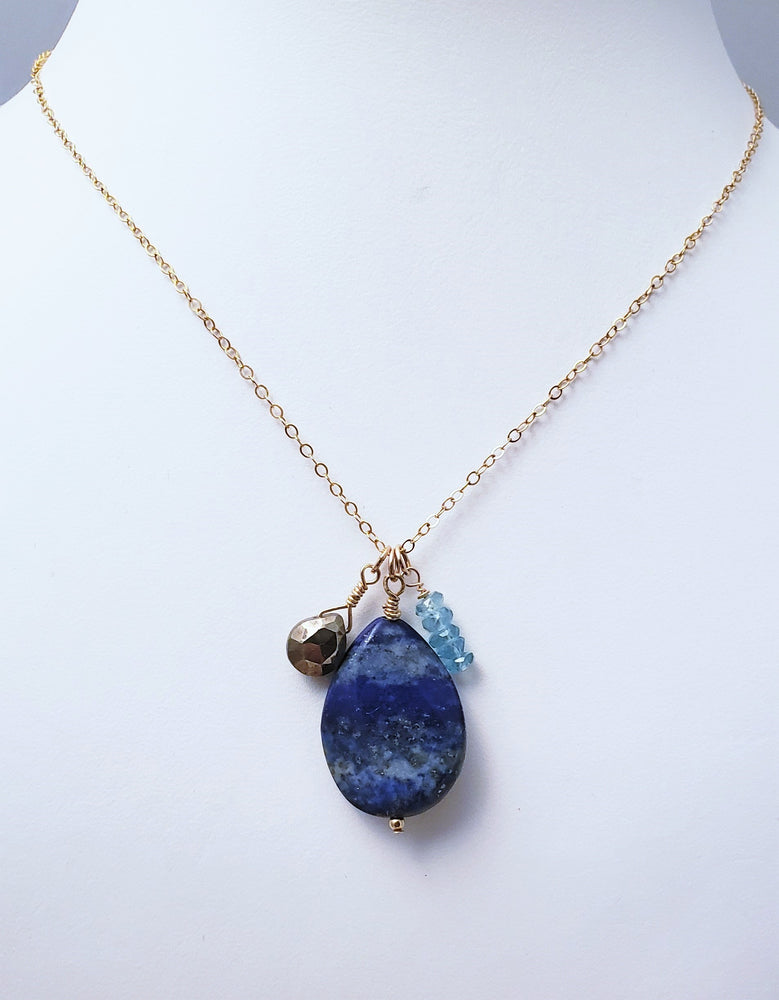 Lapis, Pyrite and Apatite Come Together to Form a Cluster Pendant With Energy Properties of Abundance, Tranquility and Spiritual Enlightenment.