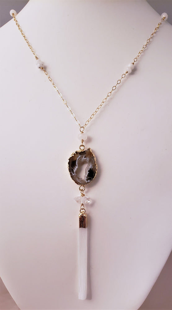Agate Geode Pendant Necklace With Herkimer Diamond and Selenite Pendant on Gold-Filled Chain For Protection, Spiritual Consciousness and Power.