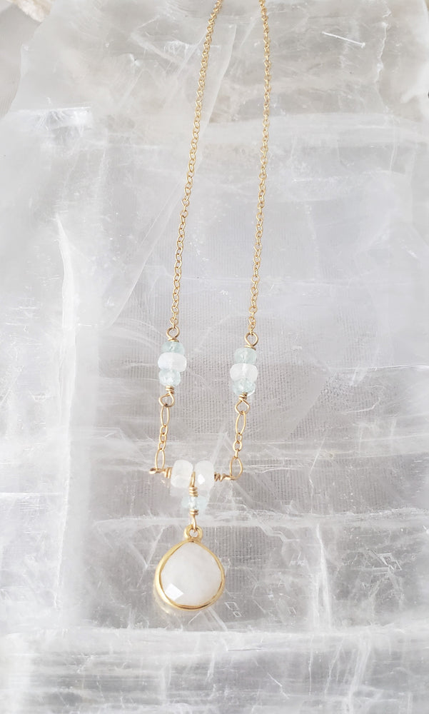 Faceted Moonstone Drop With Blue Topaz Stones Necklace on Gold-Filled Chain.