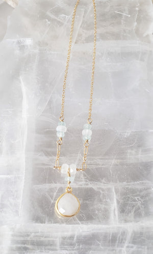 Faceted Moonstone Drop With Blue Topaz Stones Necklace on Gold-Filled Chain.