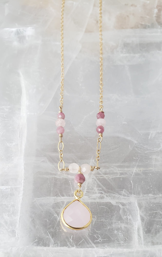 Pink Quartz Gemstone Necklace with A Gold Chain
