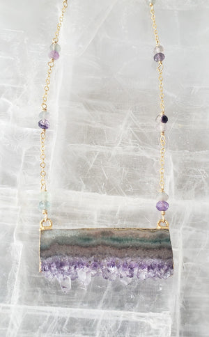 Raw Amethyst Slice With Fluorite On Gold Filled Chain Raise Spiritual Awareness.