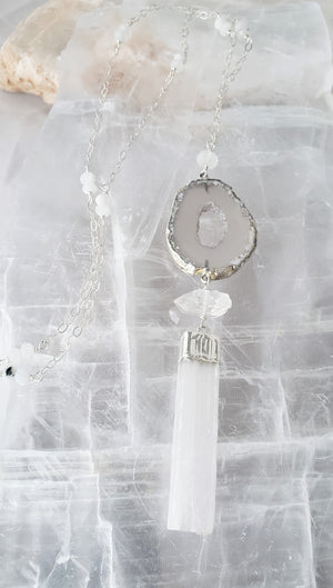 Agate, Herkimer Diamond and Selenite Form a Unique Pendant On a Moonstone and Sterling Silver Chain Promotes Spiritual Growth.