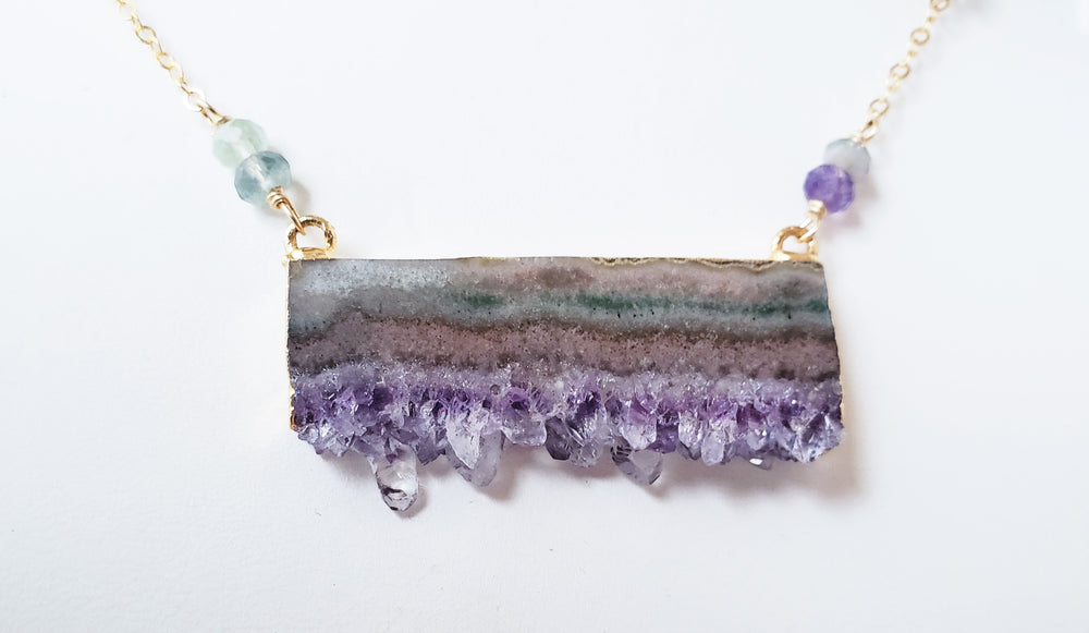 Raw Amethyst Slice With Fluorite On Gold Filled Chain Raise Spiritual Awareness.