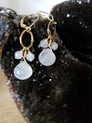 An Iridescent Faceted Moonstone Tear Drop With Cluster of Stones on Gold-Filled Lever Back Earring.