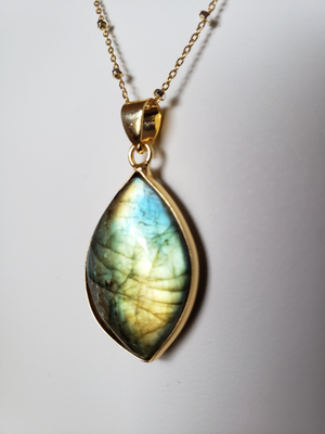 Iridescent Labradorite Pendant On Delicate Gold-Filled Chain With Faceted Sterling Silver Cubes.
