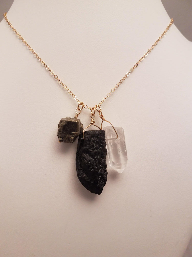 Trio of Tektite, Quartz Crystal and Pyrite Gemstones Pendant on Gold-Filled Chain Protects, Grounds and Amplifies Abundance. - joann-lysiak-gems