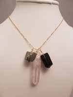 Trio of Crystal, Black Tourmaline and Pyrite Pendant Necklace on Gold-Filled Chain Grounds, Protects and Increases Abundance. - joann-lysiak-gems