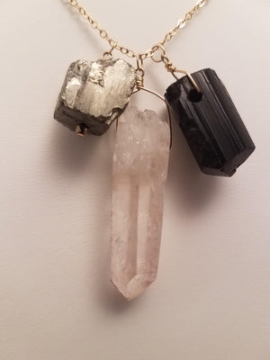 Trio of Crystal, Black Tourmaline and Pyrite Pendant Necklace on Gold-Filled Chain Grounds, Protects and Increases Abundance. - joann-lysiak-gems