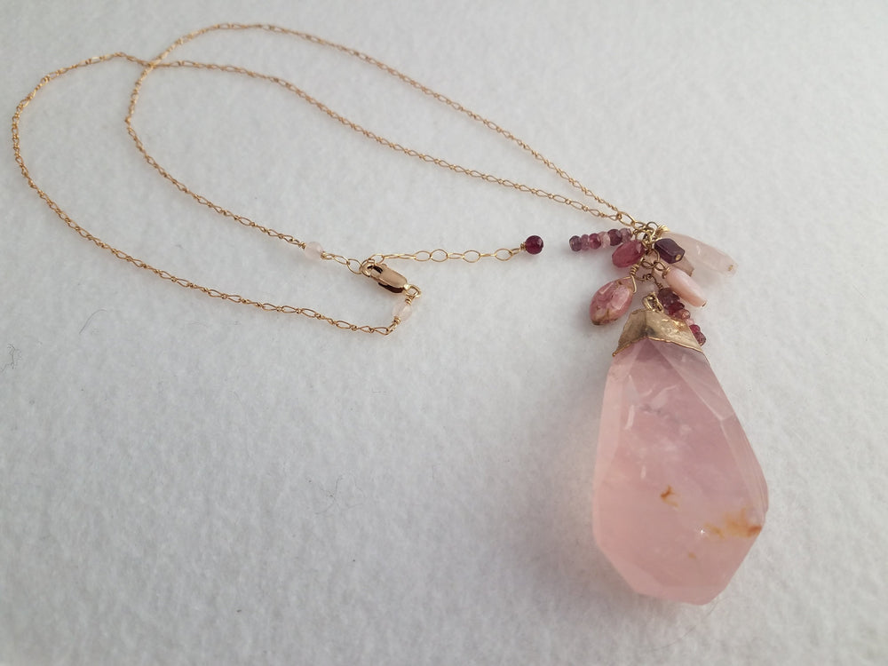 Rose Quartz Pendant With Assorted Gems cluster Pendant to Let Romantic Love In. - joann-lysiak-gems